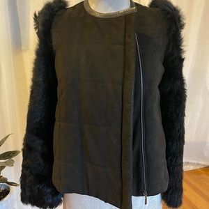 Etienne Aigner Quilted Suede, Leather and Fur Sleeve Jacket